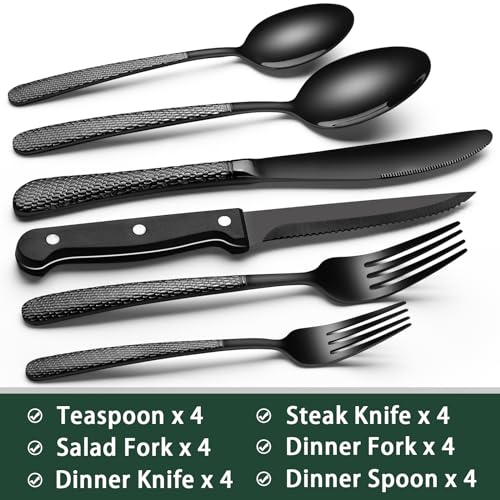 EWFEN 24-Piece Black Silverware Set with Steak Knives, Black Flatware Set for 4, Food-Grade Stainless Steel Tableware Cutlery Set, Mirror Finished Utensil Sets for Home Restaurant, Round Hammered - style: Round Hammered