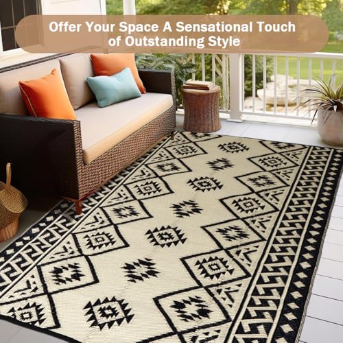 LILIOFFIC Outdoor Rug Waterproof 5x8 ft Outdoor Carpet Patio Rug Mat Reversible RV Camping Rug Plastic Straw Rug Outside Outdoor Area Rug for Patio Deck Balcony Backyard Picnic Beach Black & Beige - color: 01/Black & Beige, size: 5' x 8' (Rectangular)