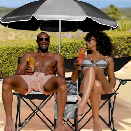 Outvita Folding Double Camping Chair w/Umbrella Beverage Holder Carrying Bag Cooler Fold Up Table, Large Bearing Capacity for Beach Patio Pool Park Outdoor Black - color: Black
