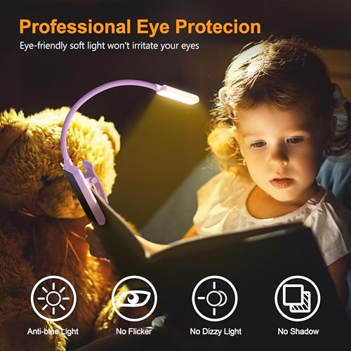Gritin 9 LED Rechargeable Book Light for Reading in Bed - Eye Caring 3 Color Temperatures,Stepless Dimming Brightness,80 Hrs Runtime Small Lightweight Clip On Book Reading Light for Studying-Purple - color: Purple
