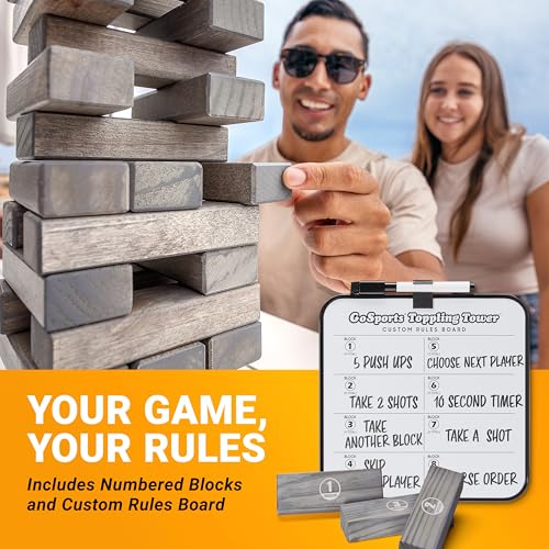 GoSports Giant Wooden Outdoor Stacking Game – Stacks Up to 3 ft – Large Toppling Tower with Case for Yard Games, Family Game Night, Camping, and Parties - color: Gray Wood Stain