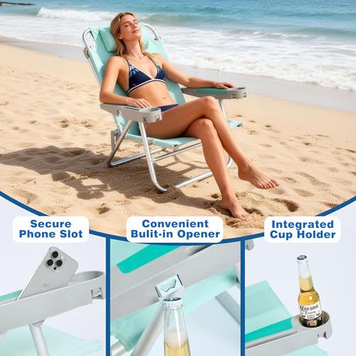 SUNNYFEEL Extra Wide Low Beach Chair 2 Pack 5 Position Lay, XL Oversized Portable Folding Camping Chairs with Cup Holder for Outdoor/Sand, Foldable Backpack Beach Chair for Adults Heavy Duty 500 LBS - color: Teal, size: 2-PACK