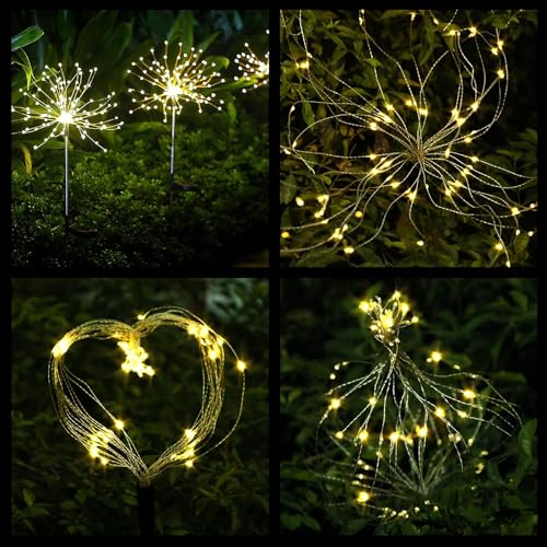 FOOING 4 Pcs Solar Garden Lights Solar Firework Lights, 480 LED Solar Powered String Light 2 Modes Twinkling Solar Lights for Garden, Wedding, Party, Patio(Warm White), 100182987 - style: 4 pcs-120