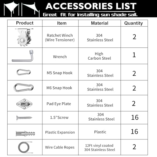 43 Pcs Shade Sail Hardware Kit with Ratchet Winch Wire Tensioner for Rectangle/Triangle Shade Sail Installation, 304 Grade Stainless for Garden, Outdoors (Winch + Hardware Kit + Cables) - size: 43 Pcs Winch Hardware Kits