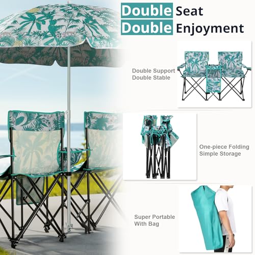 Double Folding Camping Chair W/Umbrella Fold Up Table Beverage Holder Carrying Bag Cooler for Patio Pool Park Outdoor Beach, Picnic, Portable (Pineapple) - color: Pineapple