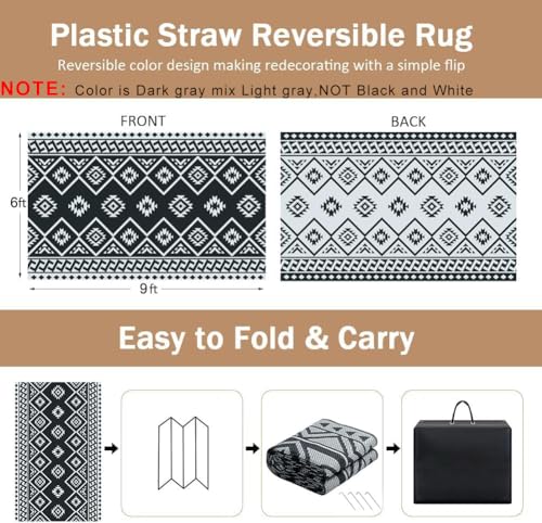 LILIOFFIC Outdoor Rug Waterproof 6x9 ft Outdoor Carpet Patio Rug Mat Reversible RV Camping Rug Plastic Straw Rug Outside Outdoor Area Rug for Patio Deck Balcony Backyard Picnic Beach - color: 01/Grey, size: 6' x 9' (Rectangular)