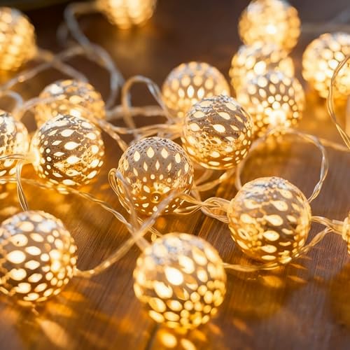 USB & Battery Operated Fairy Moroccan String Lights for Home Bedroom Decor, 9.8ft 20 LED Decorative Metal Gold Globe Lanterns 8 Modes Diwali Decoration for Christmas Birthday Boho Party (Warm White) - color: Warm White