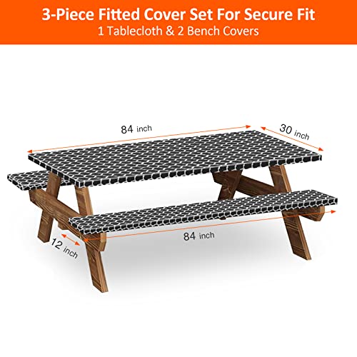 7ft Picnic Table and Bench Cover, Camping Essentials RV Gear, 84 in Waterproof Windproof Outdoor Elastic All Around Tablecloth, Fitted Rectangle Tables and Seats, Black-White Moroccan - color: Black-white Moroccan, size: 84"