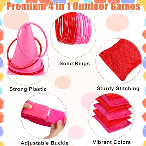 33pcs 4 in 1 Valentines Day Games for Kids with Ring Toss, Plastic Cones, Bean Bags, 3-Legged Race Bands, Carnival Valentine's Games Activity Combo Set for Kids Classroom Indoor Outdoor Party Yard - color: Valentine's Pink