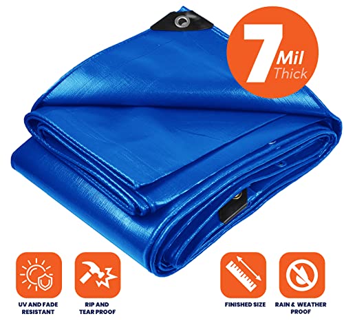 Heavy Duty 7 Mil Tarp Cover, Waterproof, UV Resistant, Rip and Tear Proof, Poly Tarpaulin with Reinforced Edges for Roof, Camping, Patio, Pool Cover, Boat (Blue 6′ X 8′) - color: Blue-7 Mil, size: 6′ X 8′