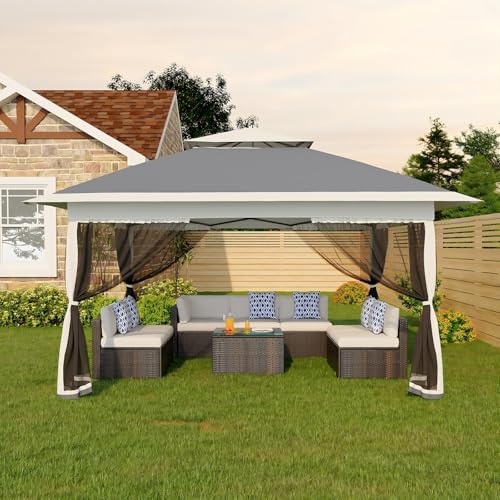 Garvee 13x13FT Pop Up Gazebo with Mosquito Netting, Outdoor Canopy Tent Easy Setup for Backyard Patio Garden Deck, Grey - color: Gray, size: 13FT
