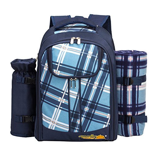 Apollo Walker Picnic Backpack Bag for 2 Person with Cooler Compartment, Detachable Bottle/Wine Holder, Fleece Blanket, Plates and Cutlery (Blue) - color: Blue, size: 2 Person