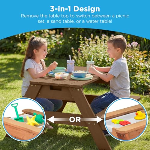 Best Choice Products Kids Picnic Table with Umbrella, 3-in-1 Sand & Water Table, Outdoor Convertible Picnic Table for Toddlers, Seats 4, Removable Top, 2 Buckets - Walnut/Beige - color: Walnut/Beige