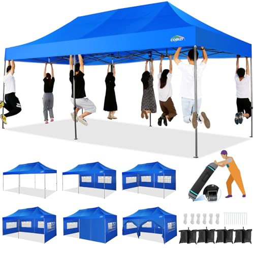 COBIZI 10x20 Heavy Duty Pop up Canopy Tent with 6 sidewalls Easy Up Commercial Outdoor Wedding Party Tents for Parties All Season Wind & Waterproof Gazebo with Roller Bag, Blue(Frame Thickened) - color: Blue, size: 10x20 With 6 Sidewalls