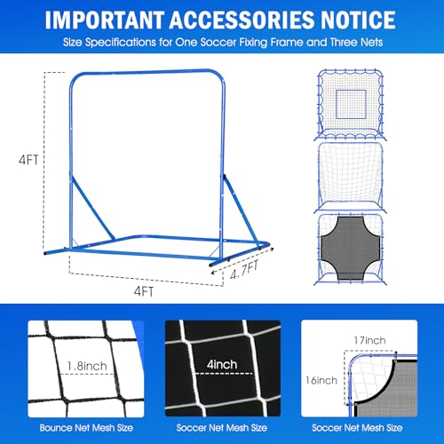 Soccer Baseball Volleyball Rebounder Net, Quick-Switch Angle Dual-Sided/Dual/Three Mode Goal Net Multi-Sport Pitchback Rebound for Control, Passing Practice, Easy Setup Bounce Back Training Gifts - size: 4FTx4FT