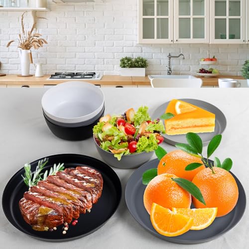 EI 12pcs Wheat Straw Plates,Wheat Straw Dinnerware Set,Plate and Bowls Sets,Plastic Plates Reusable-White,Black,Grey,Dark Grey,Dinner Plate Set of 4 Kitchen,Picnic - color: Black,White,Grey and Dark Grey Wheat Straw Plates and Bowls
