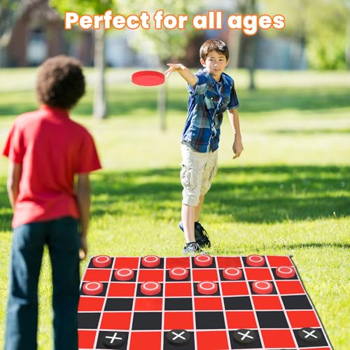 2-in-1 Giant Checkers Game & Tic Tac Toe Game Set, Outdoor Games with 4.6x4.6ft Machine-Washable Mat & 4 Ground Stakes - Perfect Backyard Games for Kids & Adults