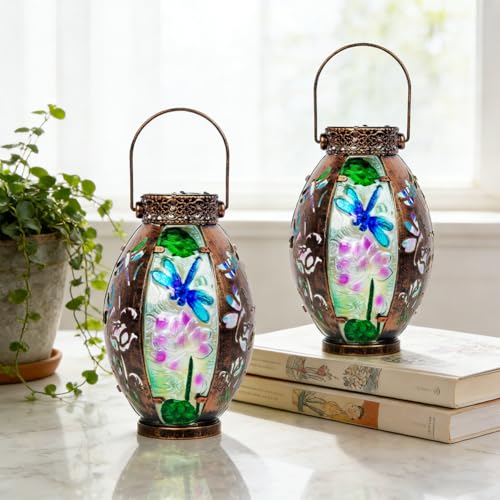 STARSOUL 2 Pack Solar Lantern Outdoor Waterproof, Hanging Solar Lantern for Patio Garden Yard Decor, Dragonfly Garden Decor, Dragonfly Gift for Women - color: Dragonfly-B
