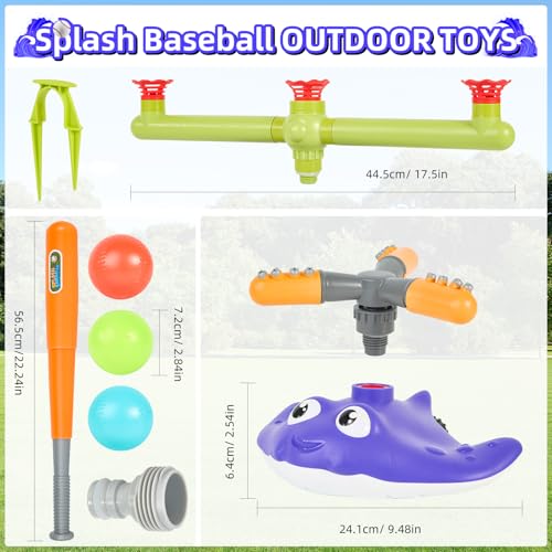 2-in-1 Water Sprinkler Baseball Toy Set for Kids, Summer Outdoor Water Game with 2 Sprinkler Heads, 360° Rotating Sprinkler for Backyard Summer Fun