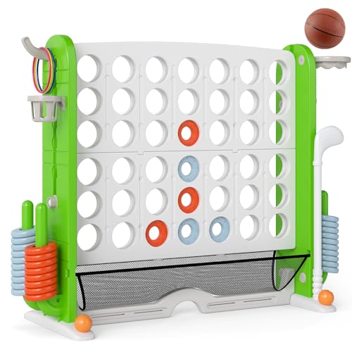 Costzon Giant 4-in-A-Row Connect Game, Height Adjustable 4-in-1 Jumbo 4-to-Score Yard Game with Golf, Ring Toss, Basketball, Cup Holder & Mesh Net, Indoor Outdoor Game for Kids Adults Family Party - color: White/Green