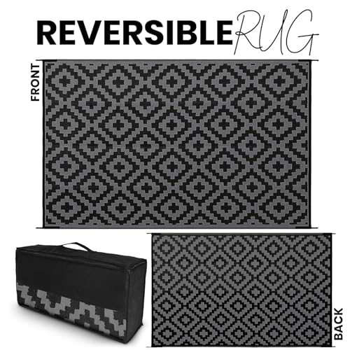 Outdoor Rugs, Outdoor Plastic Straw Rug, Reversible Waterproof Carpet for Camping, Poolside, Garden, BBQ Area, Gazebo Flooring, RV Park & Beach, Square Pattern, Black & Light Gray, 5'x8' - color: Square Frames - Black & Light Gray, size: 5' x 8'