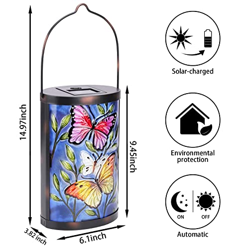Hanging Solar Lantern Outdoor Waterproof LED Butterfly Solar Lights Decorative Solar Garden Lanterns Tabletop Lamp for Outdoor Patio Yard Decor - style: Pink-Yellow Butterfly