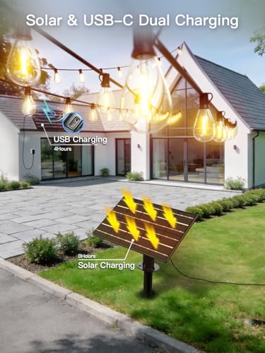 200FT Solar String Lights Outdoor Waterproof, 72+2 LED Solar Powered Lights with Remote Control, 3 Light Modes & Dimmable, USB-C Charging for Patio, Backyard, Garden, Camping - size: 200FT