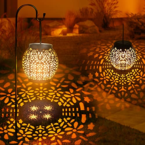 ODEETRONIC 2 Pack Warm White Outdoor Hanging Solar Garden Lanterns with Star Projection, Retro Hollowed-Out LED Lights, Waterproof for Yard Patio Lawn Porch Pathway Garden - size: 2 Pack, style: Warm White - Retro Hollow-out