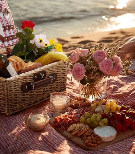 Picnic Basket for 2 with Waterproof Picnic Blanket, Wicker Picnic Set Kit with Cooler for Beach, Insulated Picnic Baskets, Bridal Shower Gift Wedding Gifts with Mr Mrs Wine Glasses and Greeting Card - color: Wedding Gift Style Red and White