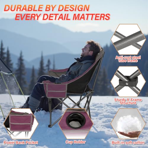 Heated Camping Chairs,Oversized Padded Heating Lawn Chair with Cup Holder,Wide&Thick,Heavy Duty Folding for Patio,Tailgates,and Sports,Battery NOT Included,Purple - color: Purple-heated