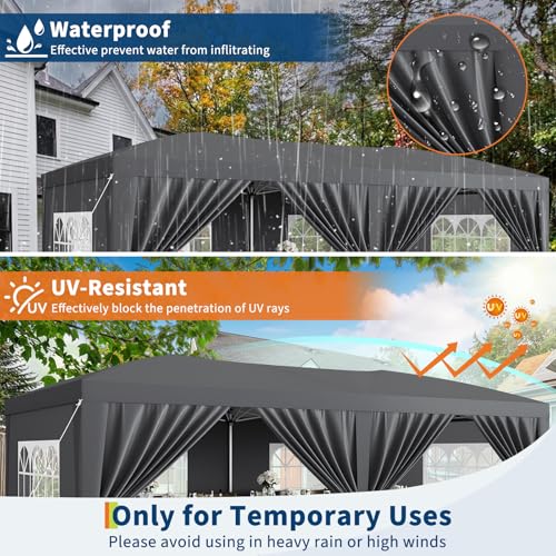 GarveeLife 10x20 Heavy Duty Pop Up Canopy Tent with 6 Removable Sidewalls, Easy Up Commercial Canopy Tents for Parties, Large Outdoor Canopies with 3 Adjustable Heights, Stakes X18, Ropes X6, Grey