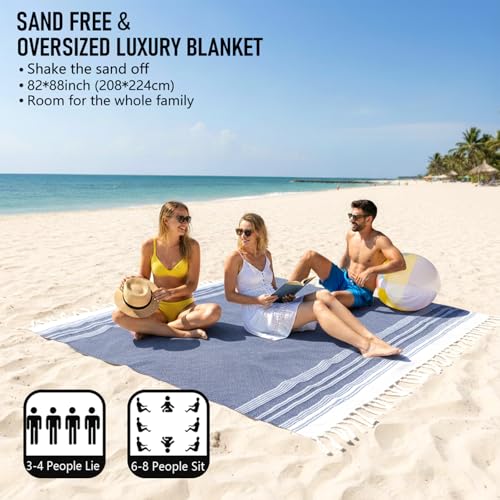 Yongoes Oversized Turkish Beach Towel Blanket Cotton Giant XL Sandproof Towels Huge Linen XXL Extra Large Big Throw Quilt Blankets for Adults Cloud Travel Camping Glamping Accessories Essentials - color: Blue, size: Extra Large 82"x88"（208x224cm）