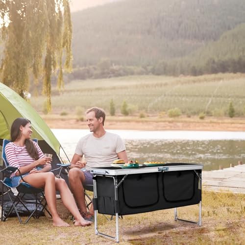 VINGLI 4 Ft Folding Table, Aluminum Camping Table, Picnic Table with Storage, Adjustable Height for Outdoor Beach BBQ Backyards Travel Party (Black) - color: Black