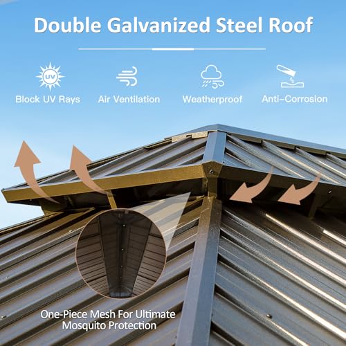 Domi 12' X 18' Hardtop Gazebo, Upgraded Metal Gazebo with Drainage System, Dual-Layer Galvanized Steel Roof, Curtain and Netting, Outdoor Shelter Canopy for Patio, Garden, and Backyard, Brown - color: Brown, size: 12'x18'/w gutter
