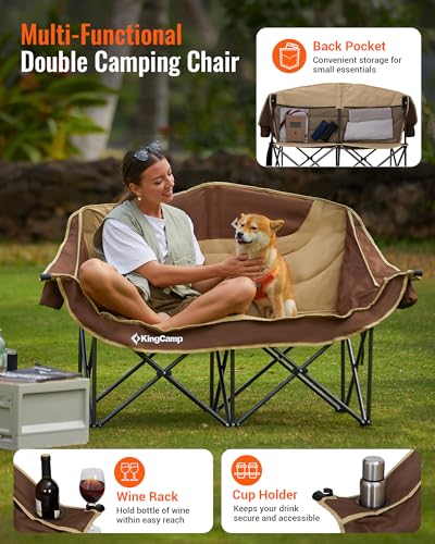 KingCamp Double Camping Chair, Oversized 880lbs Heavy Duty Loveseat for Adults Portable Folding XL 2 Person Couch Padded Comfortable Two Seat with Cup Holder for Outdoor Lawn Backyard, Khaki/Coffee - color: XL 2 Person Khaki/Coffee, size: Loveseat XL