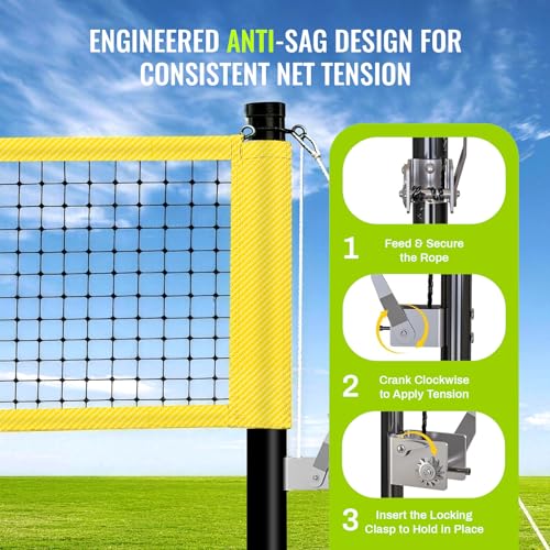 Professional Outdoor Volleyball Net Set with Arm Sleeves & Beach Fixed Plate, Heavy Duty 32-Ply Reinforced Net with Steel Anti-Sag Winch, Height-Adjustable Poles, Carry Bag for Backyard Beach Lawn