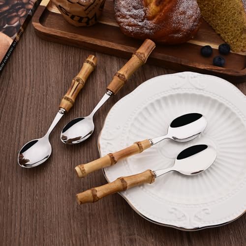 Dessert Spoon Set with Bamboo Handle, 8-Piece Stainless Steel Shiny Silver Dessert Spoon, Natural Bamboo Cutlery, Creative Design Small Spoons for Home Restaurant, 6.65 inch, Handcrafted - color: 8-Piece Dessert Spoon