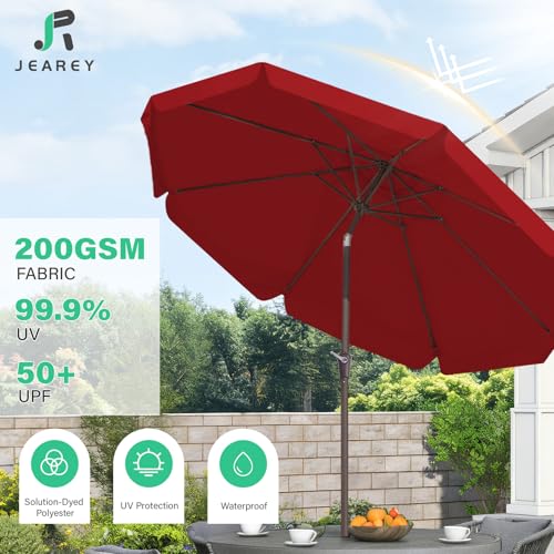 JEAREY 9 FT Patio Umbrella Outdoor, Table Umbrellas Market Umbrella w/Push Button Tilt/Crank, 8 Sturdy Ribs(Red) - color: Red