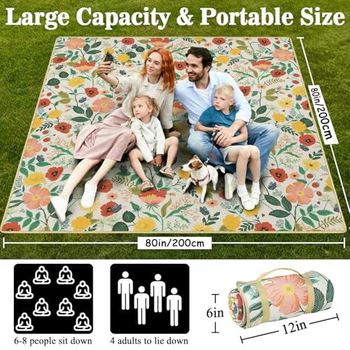 Picnic Blankets Waterproof Foldable Extra Large,80"x 80" Outdoor Beach Blanket Sandproof,3-Layer Lightweight Handy Mat Tote Picnic Camping Rugs for Outside Your Rv (Strawberry Floral Botanical Poppy) - color: Picnic Blankets 4
