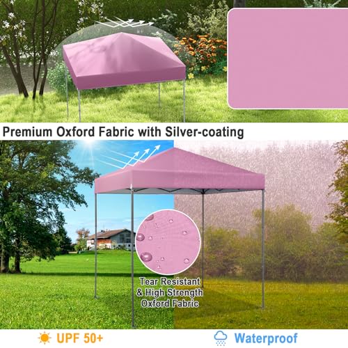 LDAILY 6.6 x 6.6 Ft Pop Up Canopy, Portable Canopy Tent Heavy Duty Instant Canopy w/Center Lock, 8 Stakes, 4 Ropes, Carry Bag, Sun Protection, Easy Up Outdoor Canopy for Party, Camping, Patio (Pink) - color: Pink