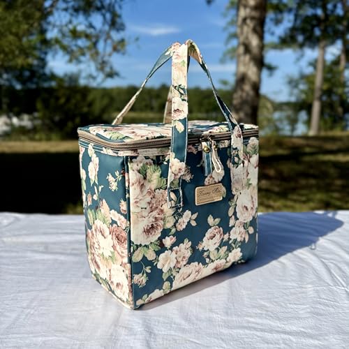 Kwang Min Floral Insulated Lunch Bag for Women,Reusable Lunch Box,Large Cooler for Office,Picnic Outdoors,Premium Waterproof Fabric,Ideal Floral Lunch Bag (Peony Navy) - color: Peony Navy