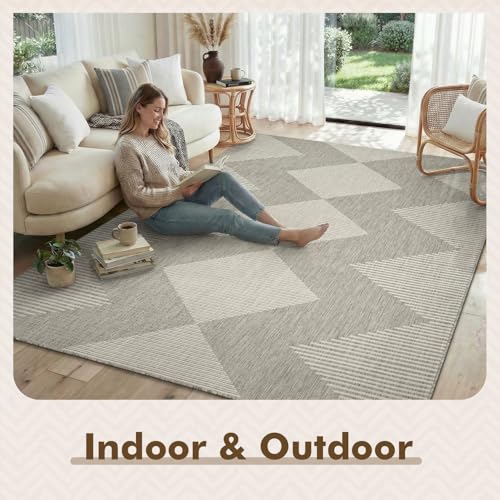 MontVoo-Outdoor Rug Carpet Patio Rug 4x6 ft Polypropylene Indoor Outdoor Rugs for Patio Deck Balcony Porch, Textured Weave, Durable for High Traffic, Fade-Resistant, Boho Geometric Silver Grey - color: Grey Ivory, size: 4' x 6' (Rectangular)