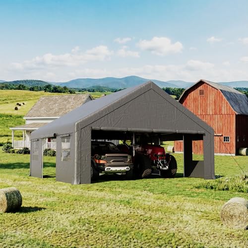 COSIEST 20'×20' Storage Shelter Outdoor Gable Roof Carport with Removable Side Walls, Heavy-Duty Garage Canopy Weatherproof PE Cover, Multi-Purpose Vehicle, Tractor Shed for Backyard, Driveway (Gray) - color: Gray, size: 20X20 FT Gable Top