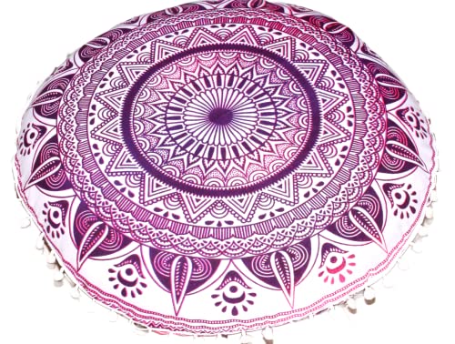 CRAFT KALA Pink Trishul Mandala Boho Floor Cushion Cover, 22"D x 22"W x 2"H, Cotton Fill, Round, Boho Chic, Indoor Use - color: Pink Trishul, size: 22"