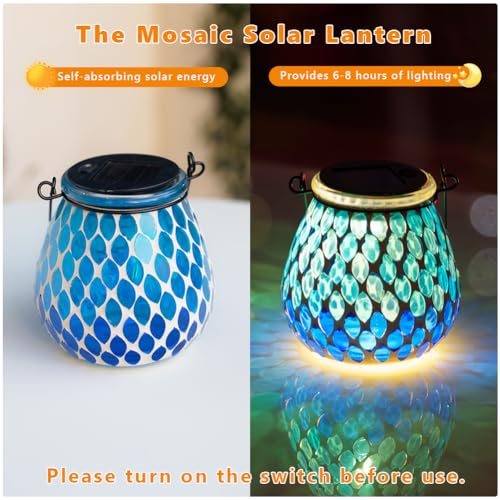 Starsoul Solar Lanterns Outdoor Waterproof, Elegant Blue Glass Mosaic Solar Lantern, Solar Hanging Lights Outside Patio Porch Yard Decor - color: Navy