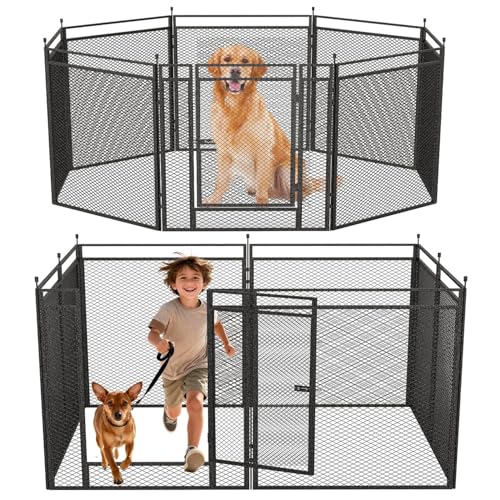 Dog Playpen with Safety Mesh, 40" Height 8 Panels Metal Dog Fence Indoor Outdoor, Portable Dog Kennel for Camping, Yard & RV | Black-Silver - size: 40'', style: 8 Panels