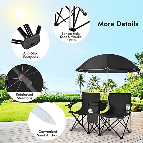 COSTWAY Double Portable Picnic Chairs, Folding Camping Chairs w/Detachable Umbrella, Cooler Bag, Cup Holders, Patio Beach Camping Chairs for Outdoors - color: Black