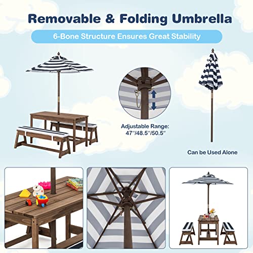 KOTEK Kids Picnic Table with Umbrella Foldable, Backyard Wooden Table & Bench Set w/Removable Cushions, Activity Art Play Table, Indoor Outdoor Toddler Picnic Table for Patio, Lawn & Garden (Blue) - color: Blue
