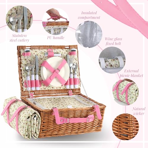 Picnic Basket Set for 4 with Waterproof Blanket Mat Insulation Bag Wicker Pink Floral Classic Fresh Gift for Christmas Thanksgiving Wedding Birthday Camp Outdoor Beach Travel - color: Pink Floral