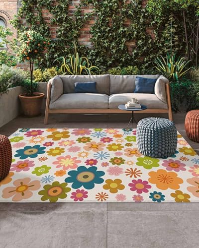Outdoor Rug, Colorful Flower Boho Style Indoor Area Rug Outdoor Carpet RV Camping Rugs 4x6ft Retro Flowers Outside Mat for Patio Picnic Porch Deck Balcony Backyard - size: 4' x 6' (Rectangular)